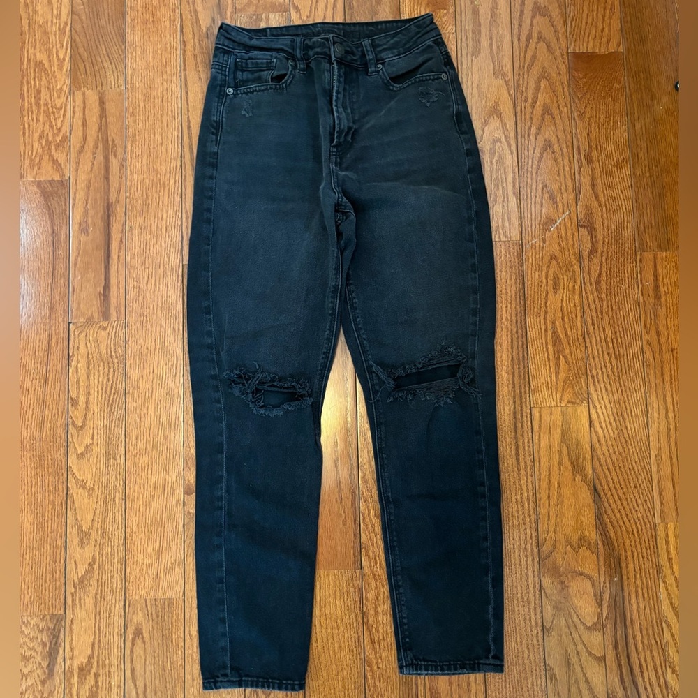 American Eagle Distressed Black Denim Mom Jeans